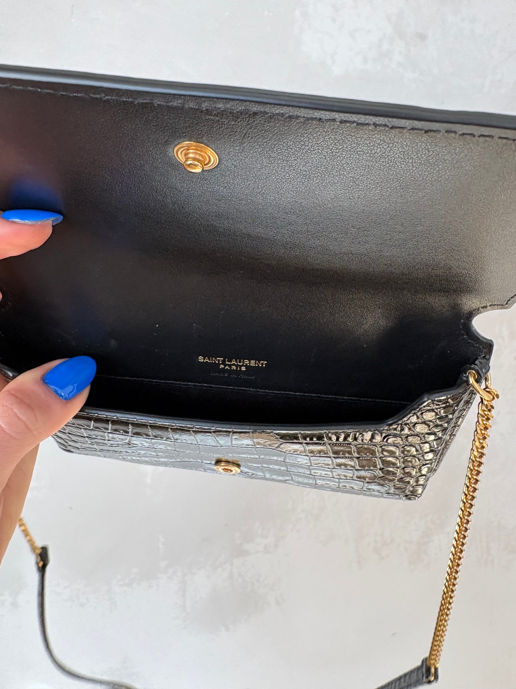YSL Black Croc Embossed Monogram WOC