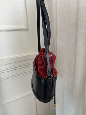 Gucci Navy and Red Leather Horsebit Drawsting Bucket Bag