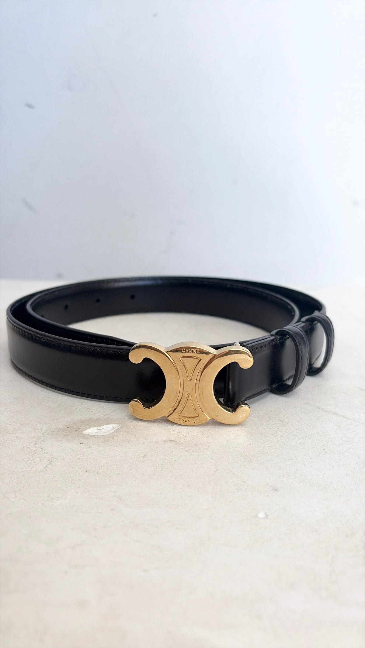 Celine Triomphe Black Leather Belt Gold HW, 80