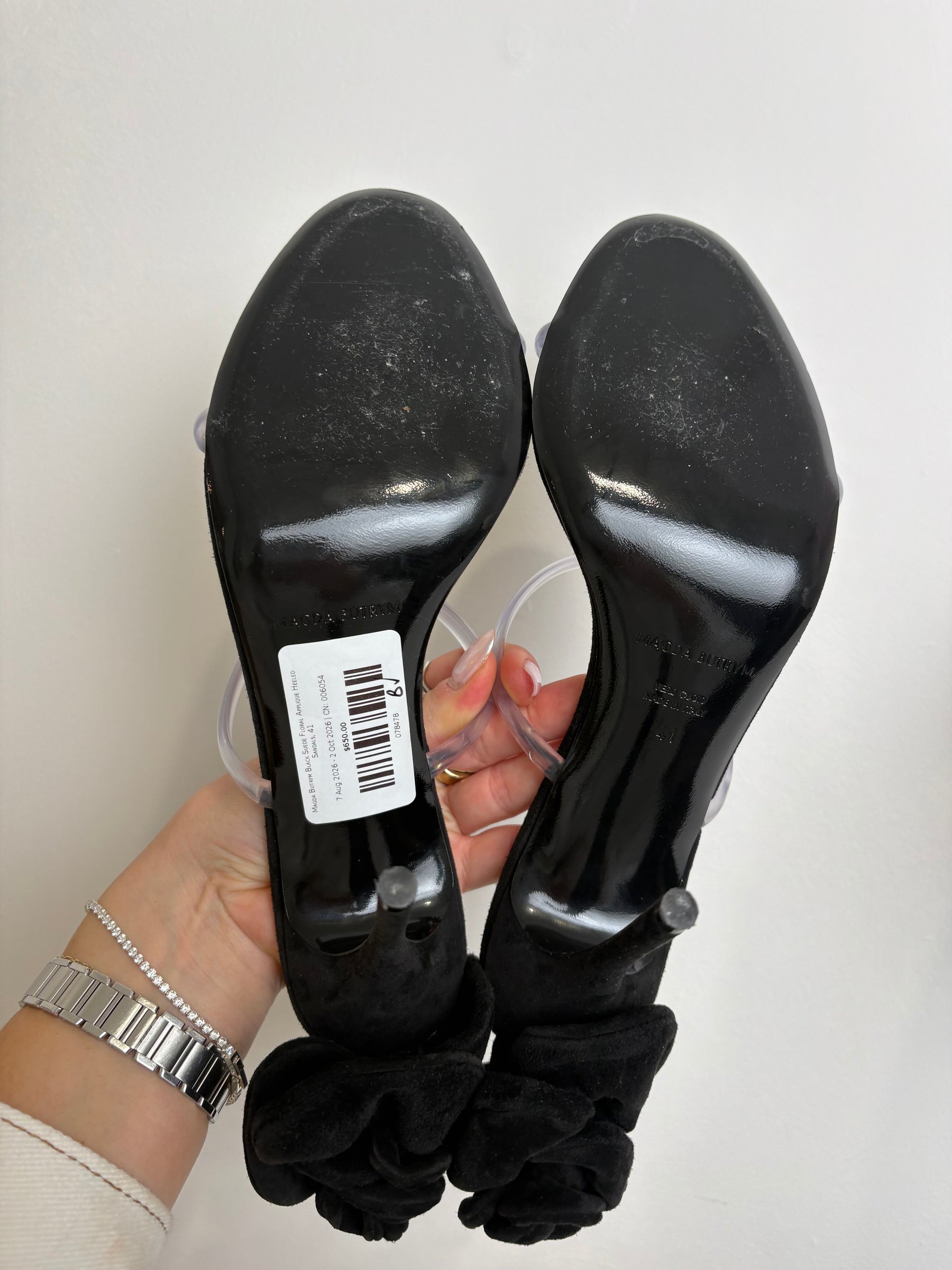 Magda Butrym Black Suede Floral Applique Heeled Sandals, 41