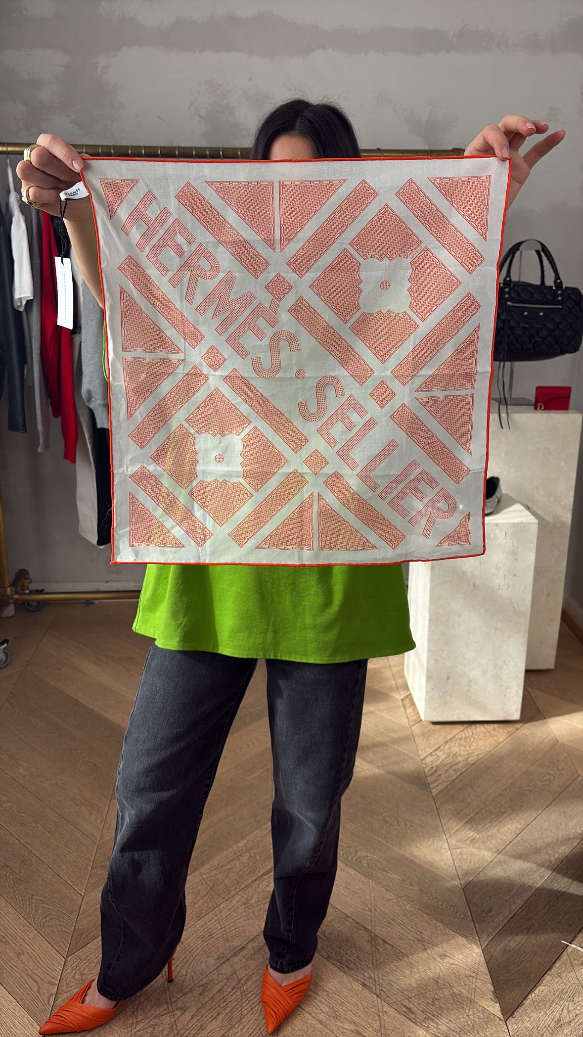 Hermès White and Orange Cotton Logo Scarf