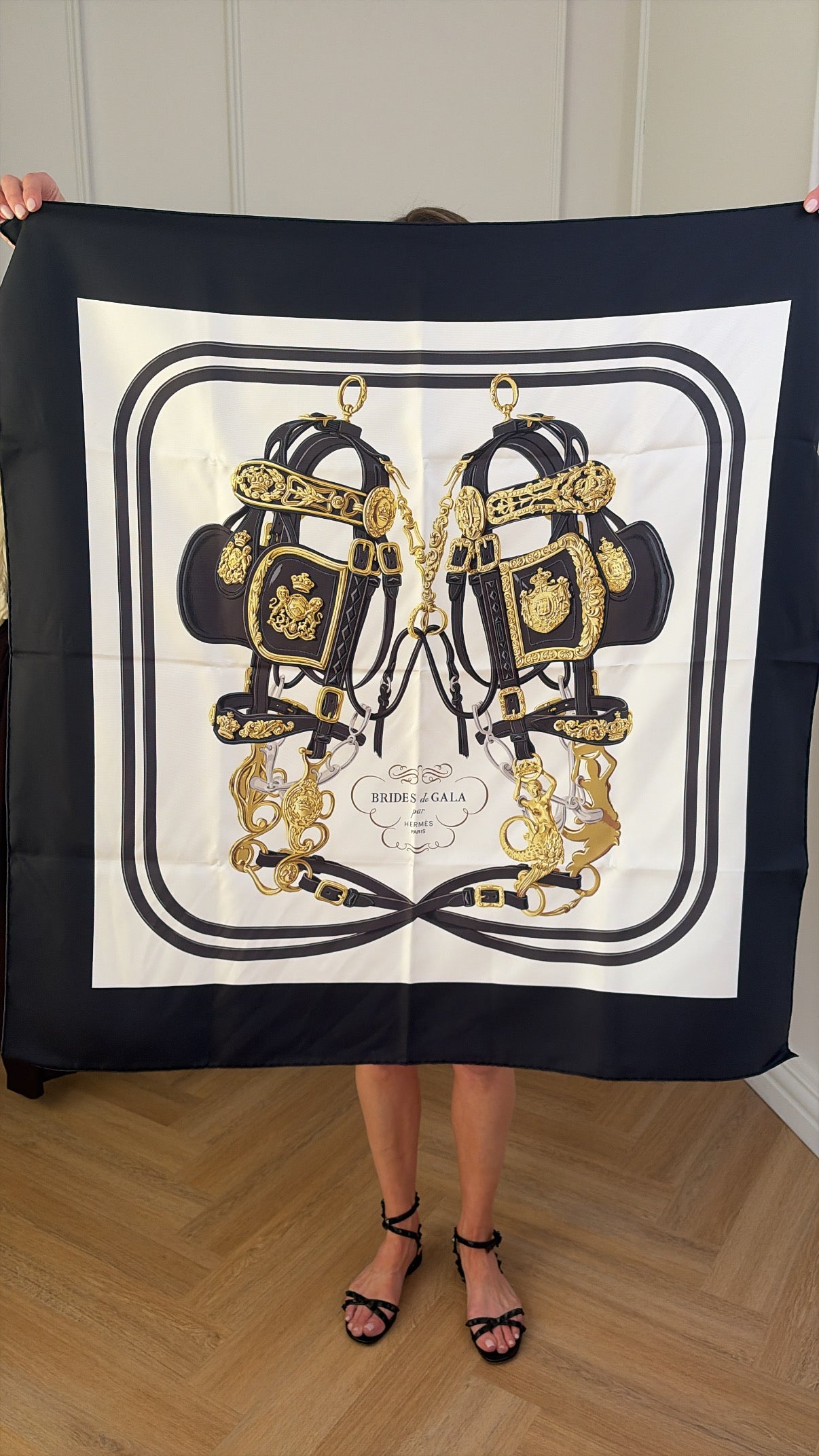 Hermes Black and Cream Silk 'Brides de Gala' Scarf 90