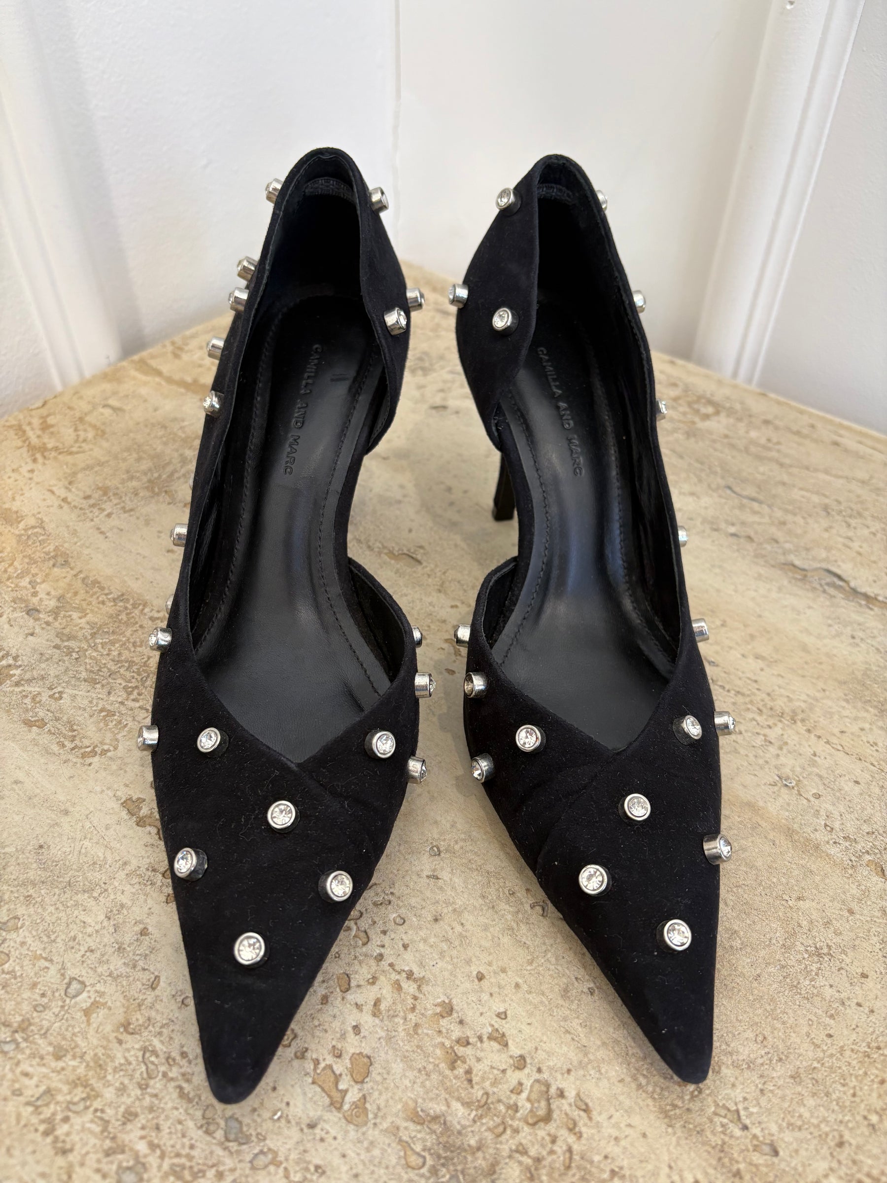 Camilla and Marc Black Suede Crystal Pointed Pumps, 38