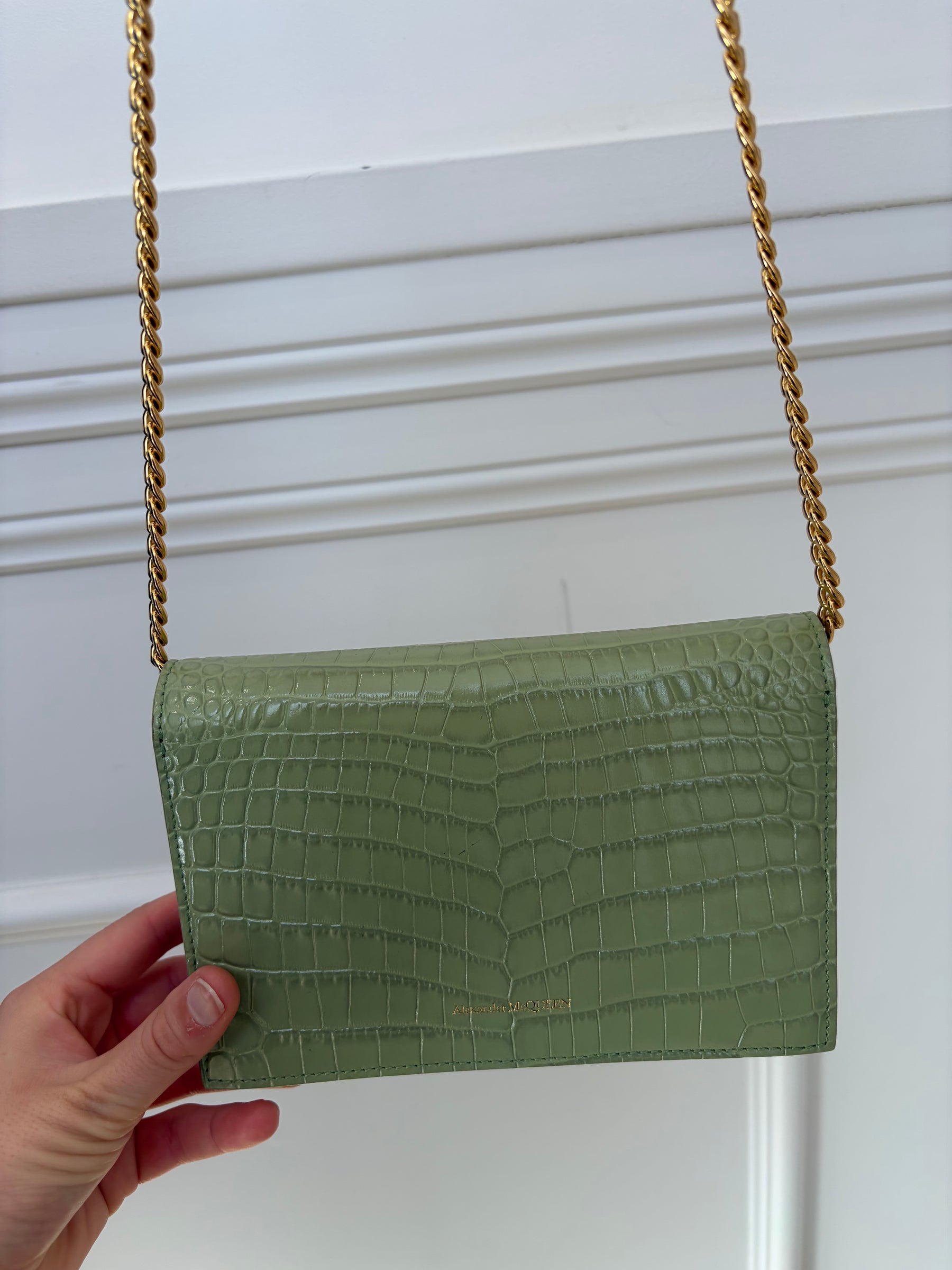 Alexander McQueen Sage Green Mock Croc Crossbody Chain Bag