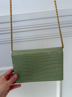 Alexander McQueen Sage Green Mock Croc Crossbody Chain Bag