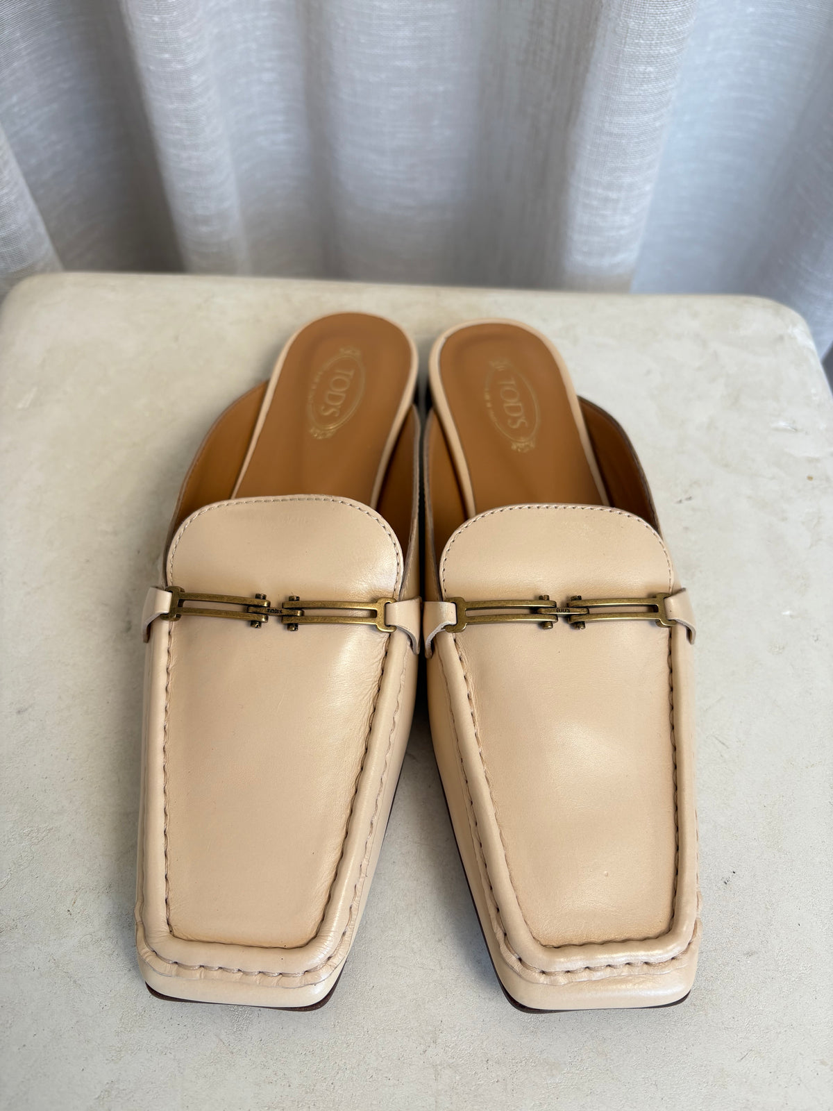 Tod's Blush Leather Square Toe Backless Mules, 38