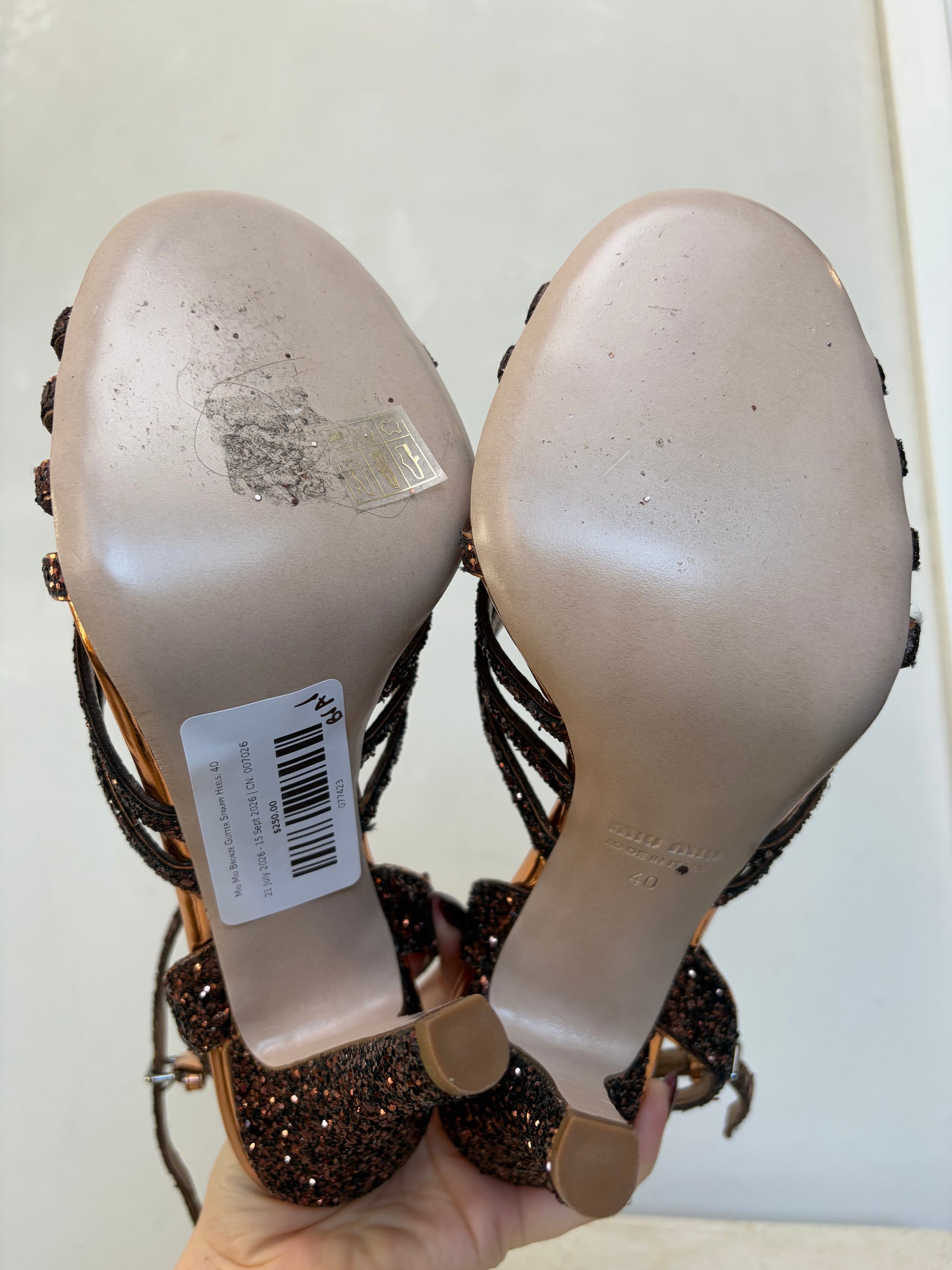 Miu Miu Bronze Glitter Strappy Heels, 40