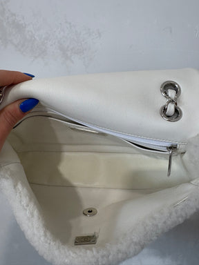 Chanel White and Black Floral Logo Medium Shearling Flap Bag