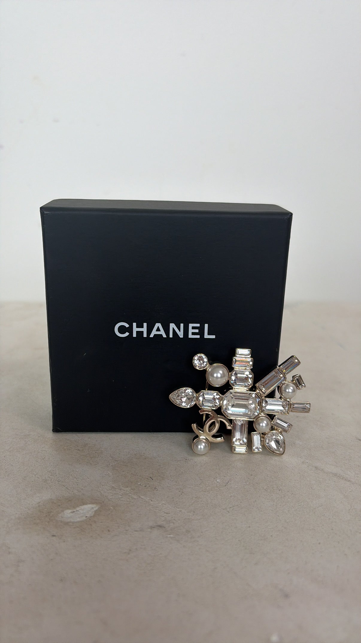 Chanel Champagne Crystal Logo Brooch