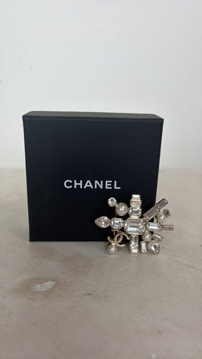 Chanel Champagne Crystal Logo Brooch