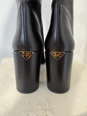 Prada Knee High Block Heal Boots Black Leather, 41