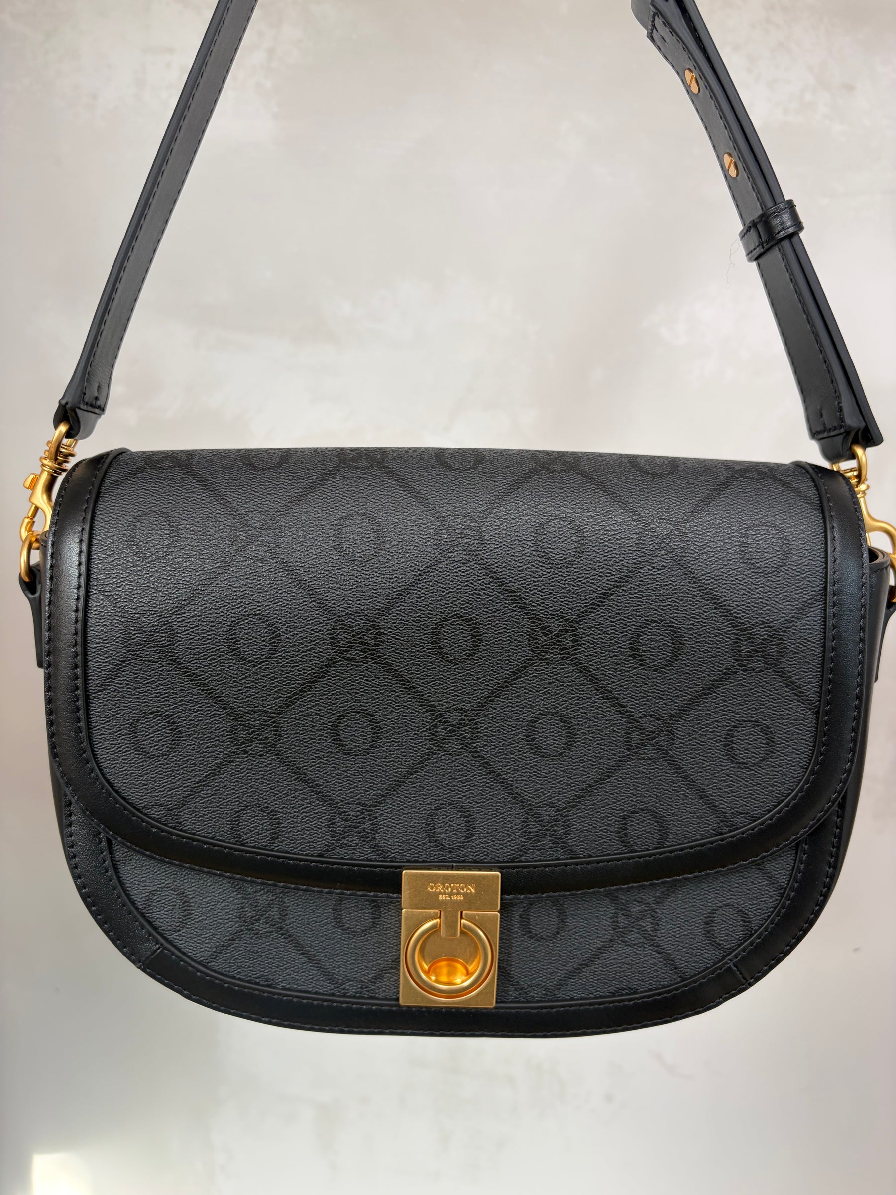 Oroton Black and Charcoal Monogram half Moon Flap Bag