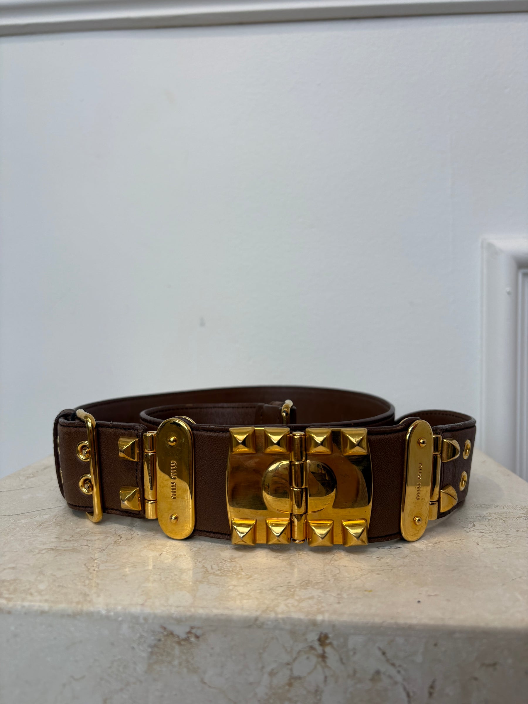 Miu Miu Brown Leather Wide Belt Gold Tone Hardware, 90/36