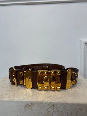 Miu Miu Brown Leather Wide Belt Gold Tone Hardware, 90/36