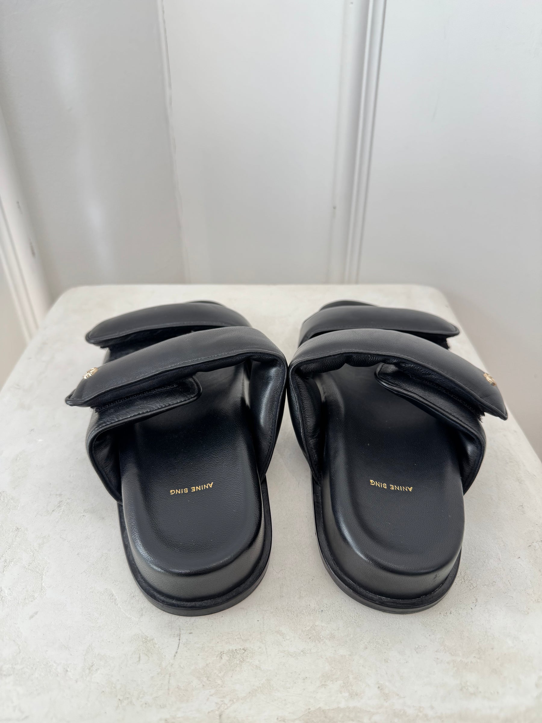 Anine Bing Black Puffy Slides, 39