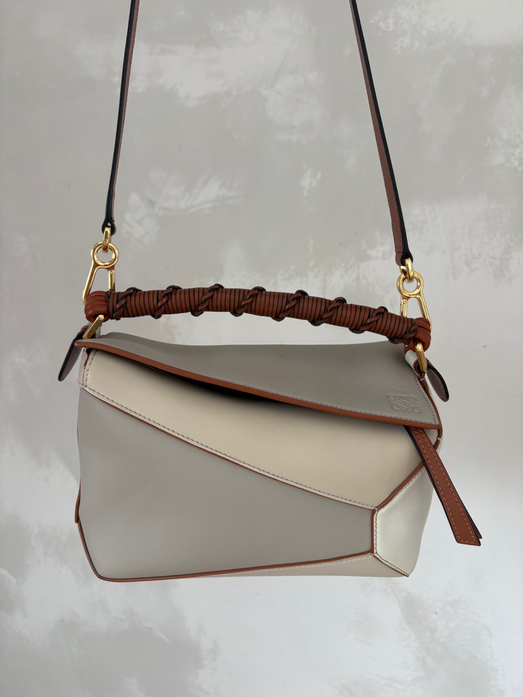 Loewe Cream, Grey and Tan Leather Puzzle Edge Medium Bag with Braided Handle