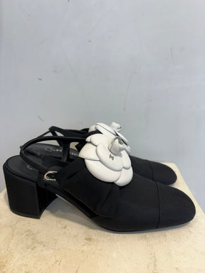 Chanel Fabric Block Heel Sling Back Pumps With Camelia, 39 C