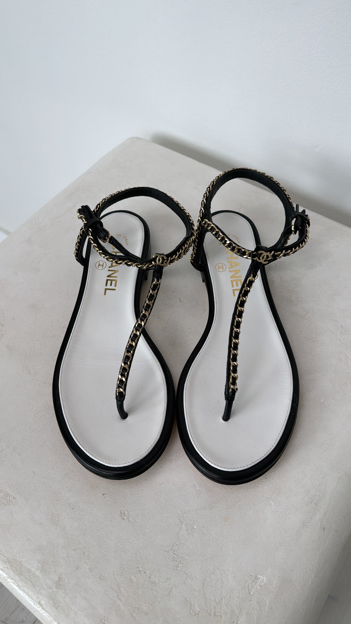 Chanel Chain Sandals Black And White, 38 C