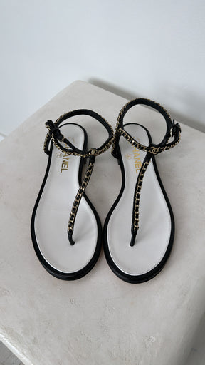 Chanel Chain Sandals Black And White, 38 C