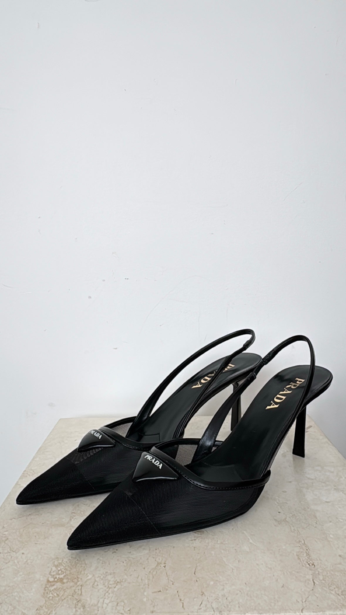 Prada Black Leather Mesh Pointed Logo Pumps, 38.5