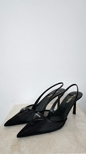 Prada Black Leather Mesh Pointed Logo Pumps, 38.5
