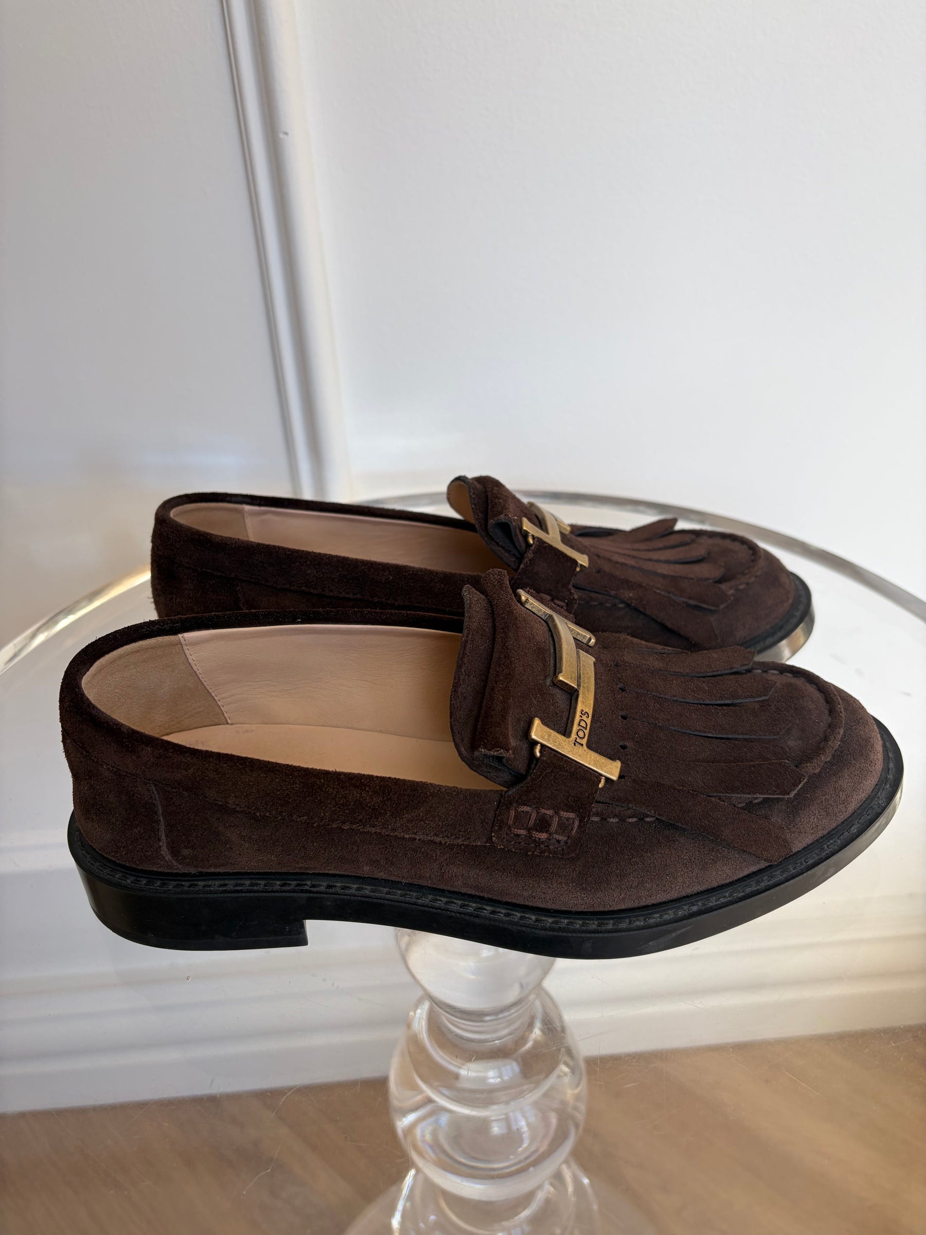 Tod's Brown Suede Loafers With Fringe, 37.5