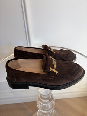 Tod's Brown Suede Loafers With Fringe, 37.5