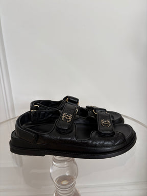 Chanel Black Caviar Leather Dad Sandals, 37.5C