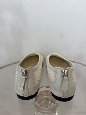 bassike Off White Pointed Toe Mesh Leather Flats, 37