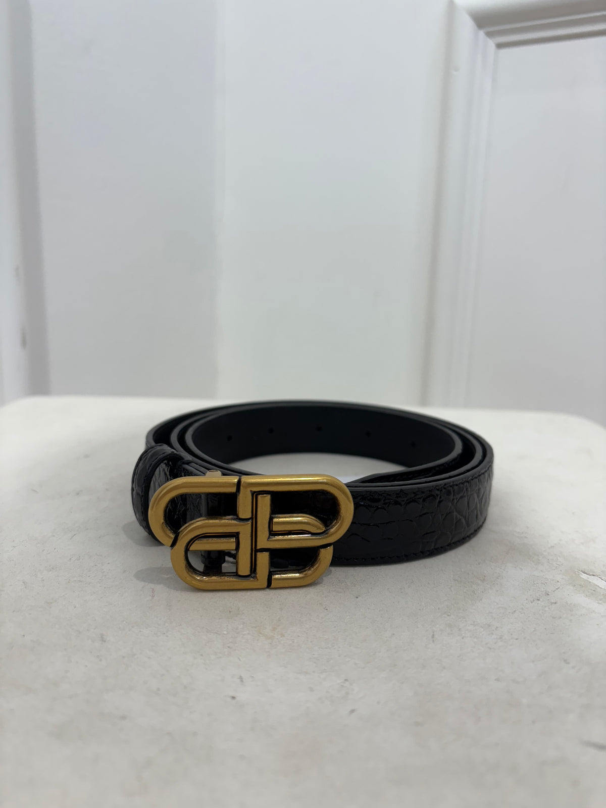 Balenciaga Black Croc Embossed Leather Logo Belt, 95