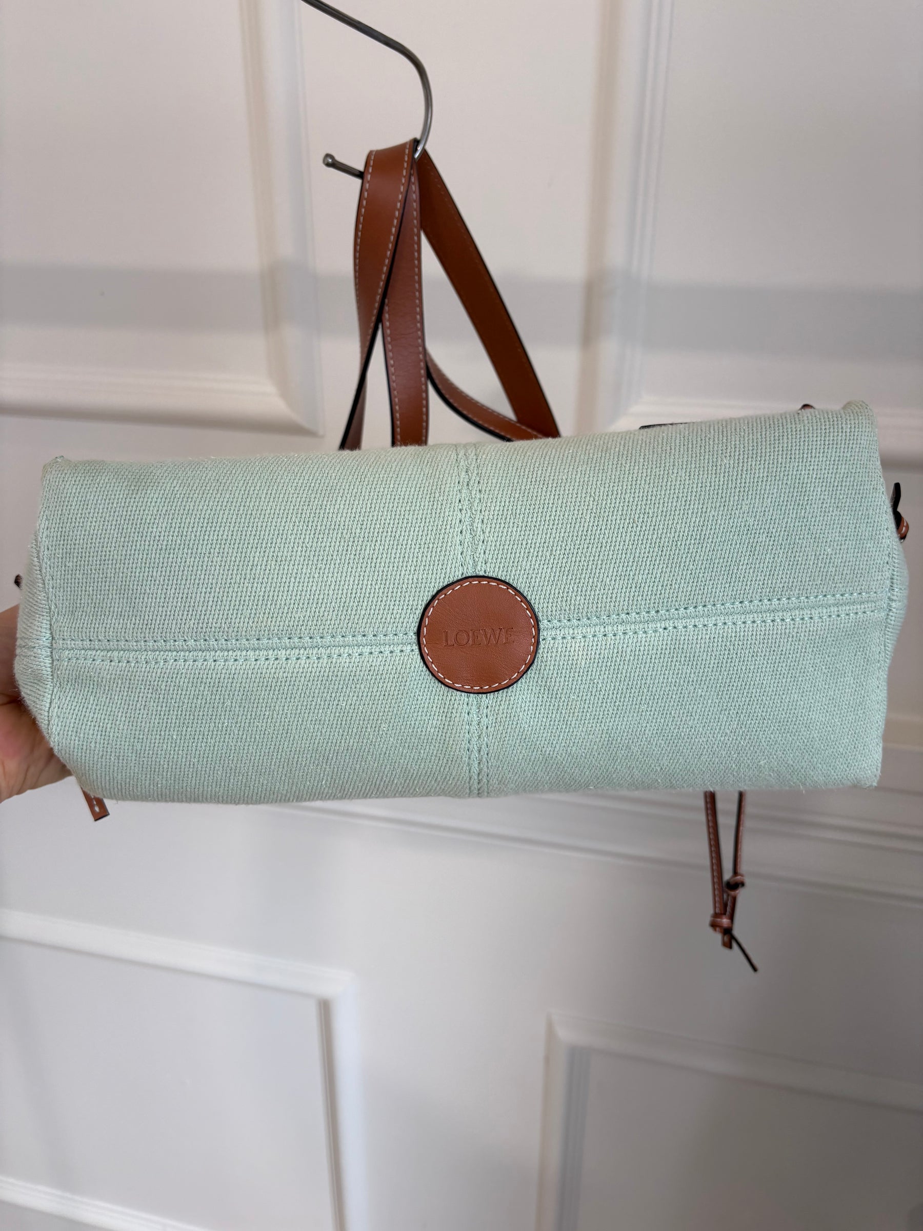 Loewe Mint Canvas and Tan Leather Cushion Tote