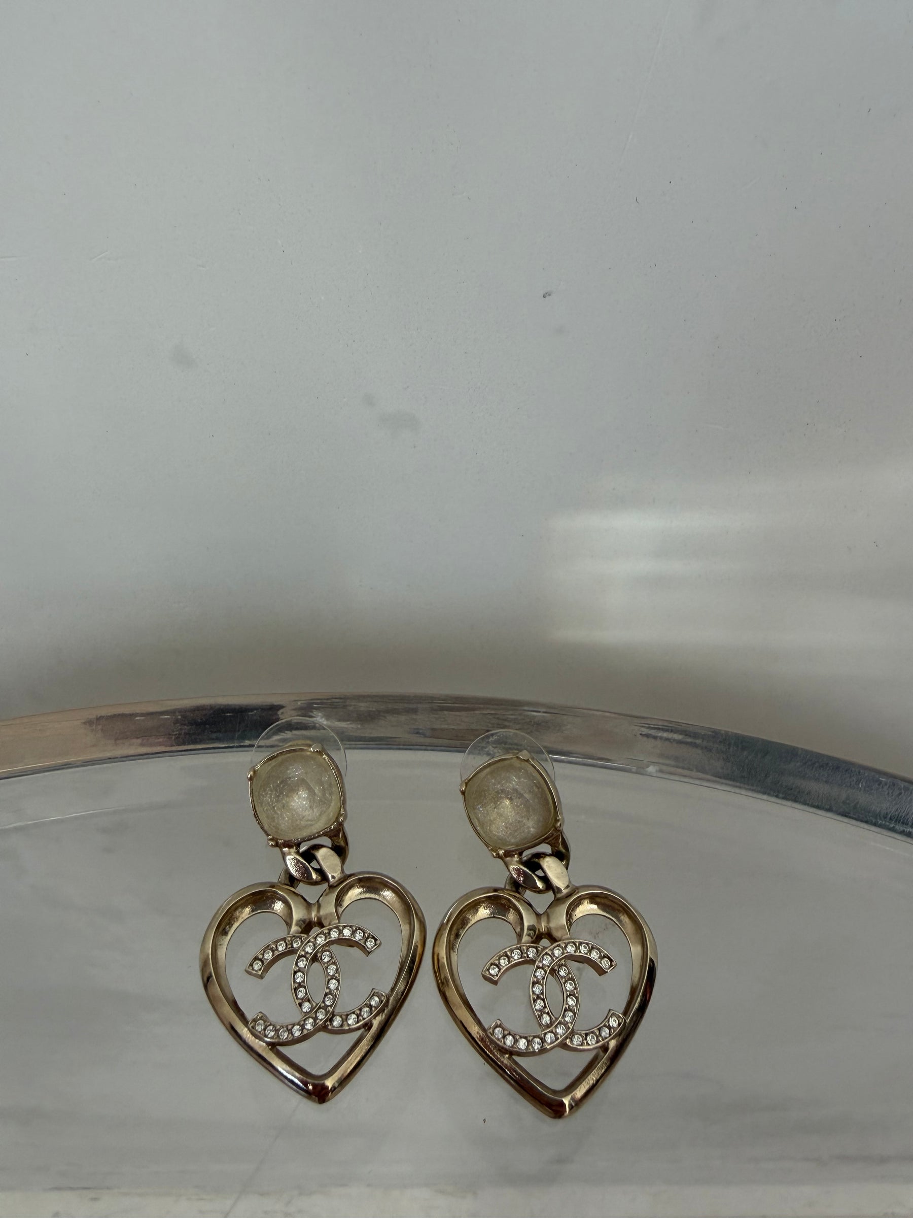 Chanel Gold Tone CC Drop and Crystal Stud Earrings