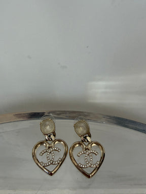 Chanel Gold Tone CC Drop and Crystal Stud Earrings