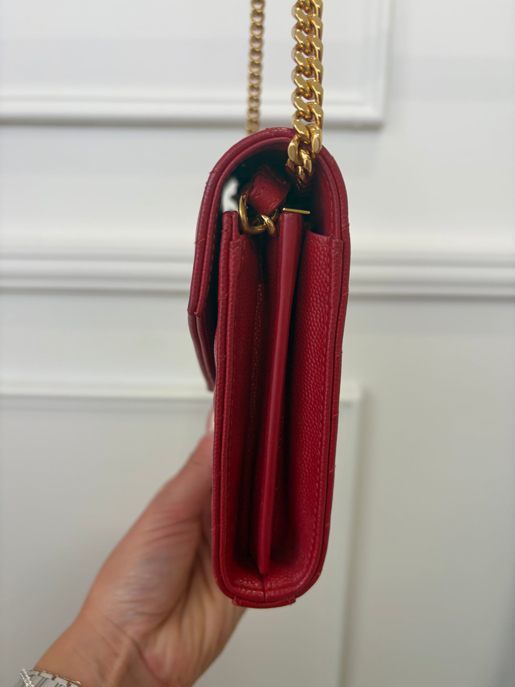 Saint Laurent Red Grained Chevron Leather Cassandre Chain Wallet