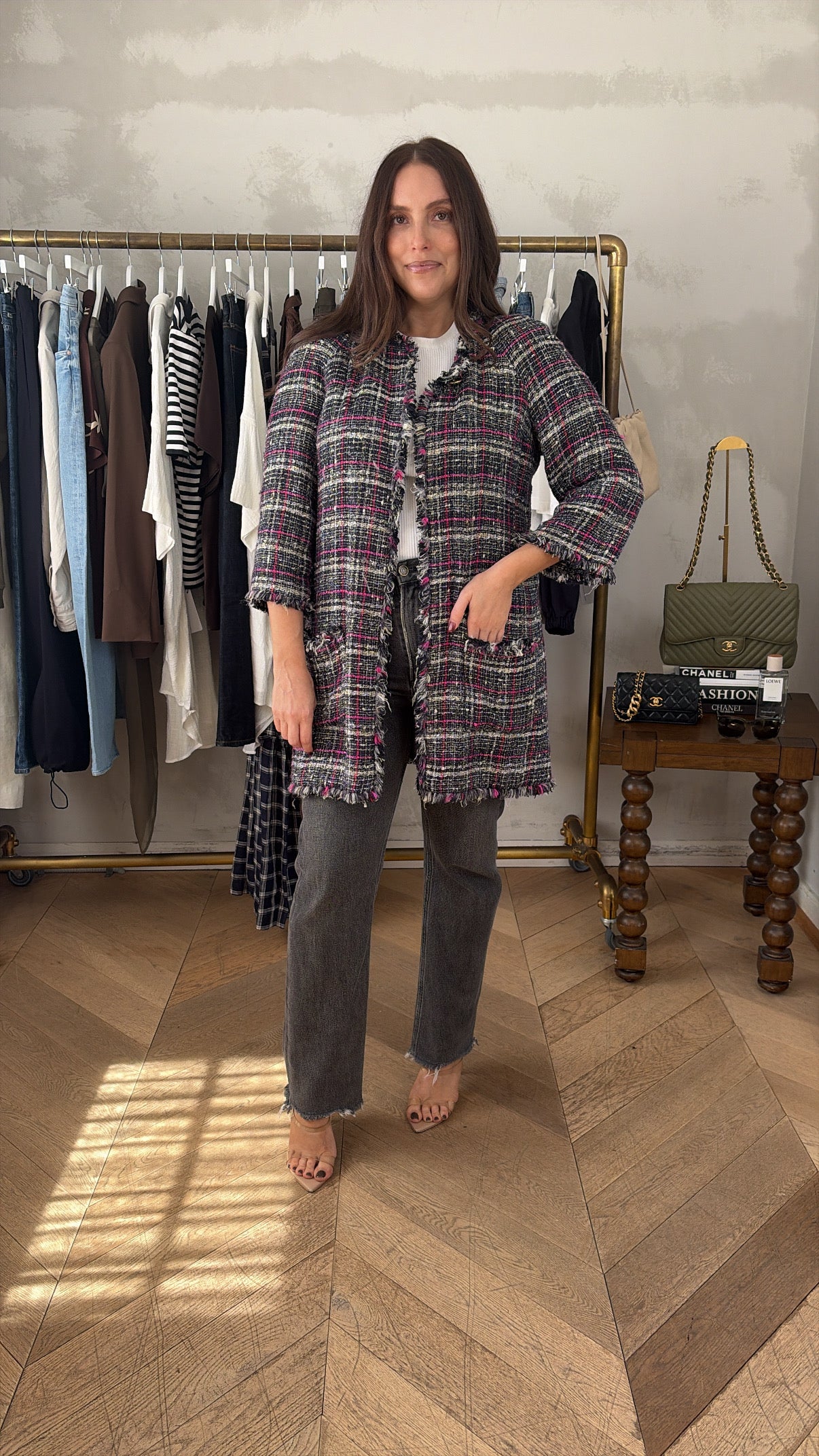 Chanel Black, White and Pink Tweed Open Mid Length Coat with Herringbone Tweed Lining, 46 FR