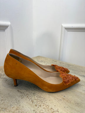 Oscar de la Renta Tan Suede Tulle Floral Pointed Pump, 37