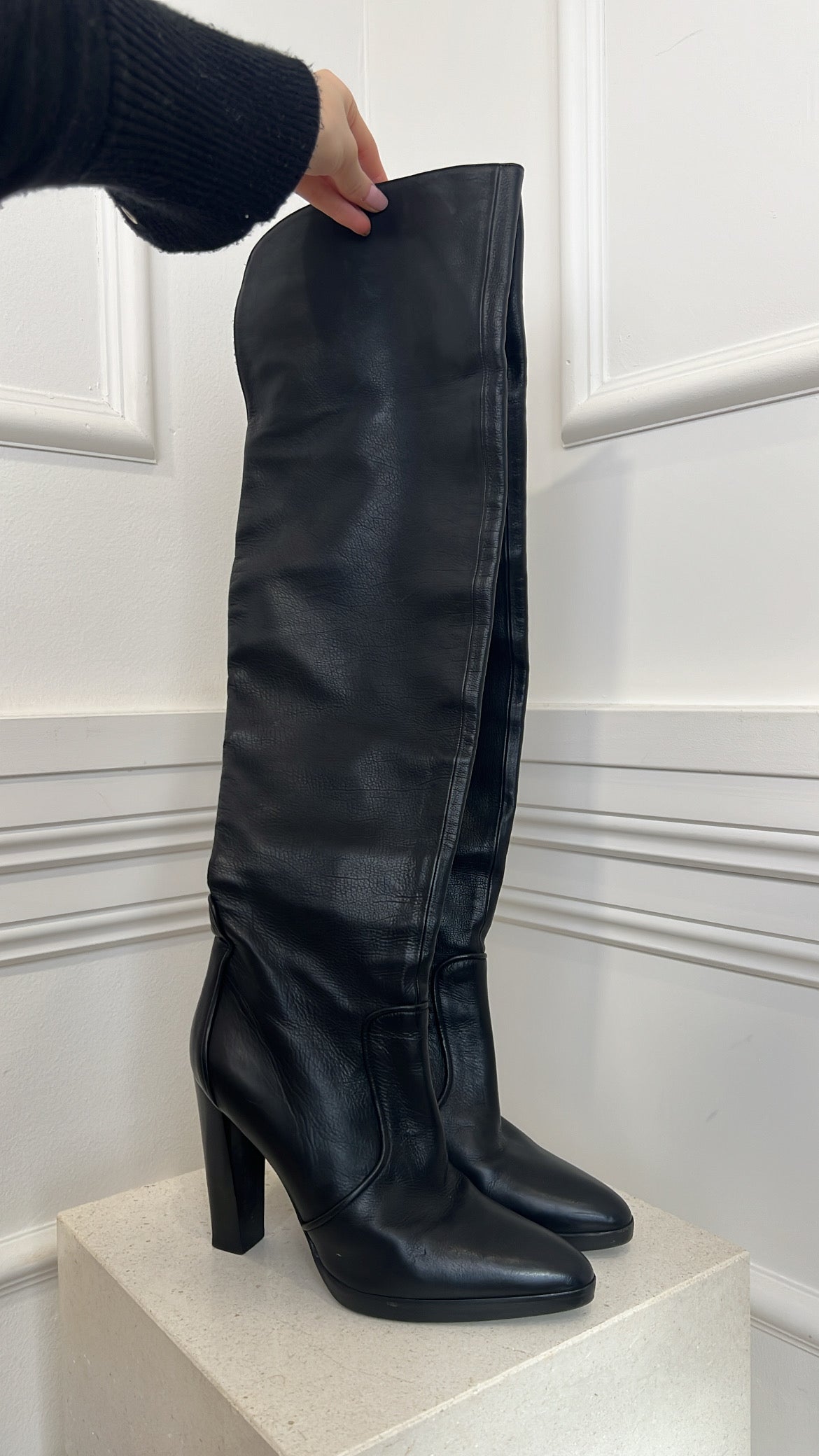 Hermès Black Leather Platform Knee High Boots, 40