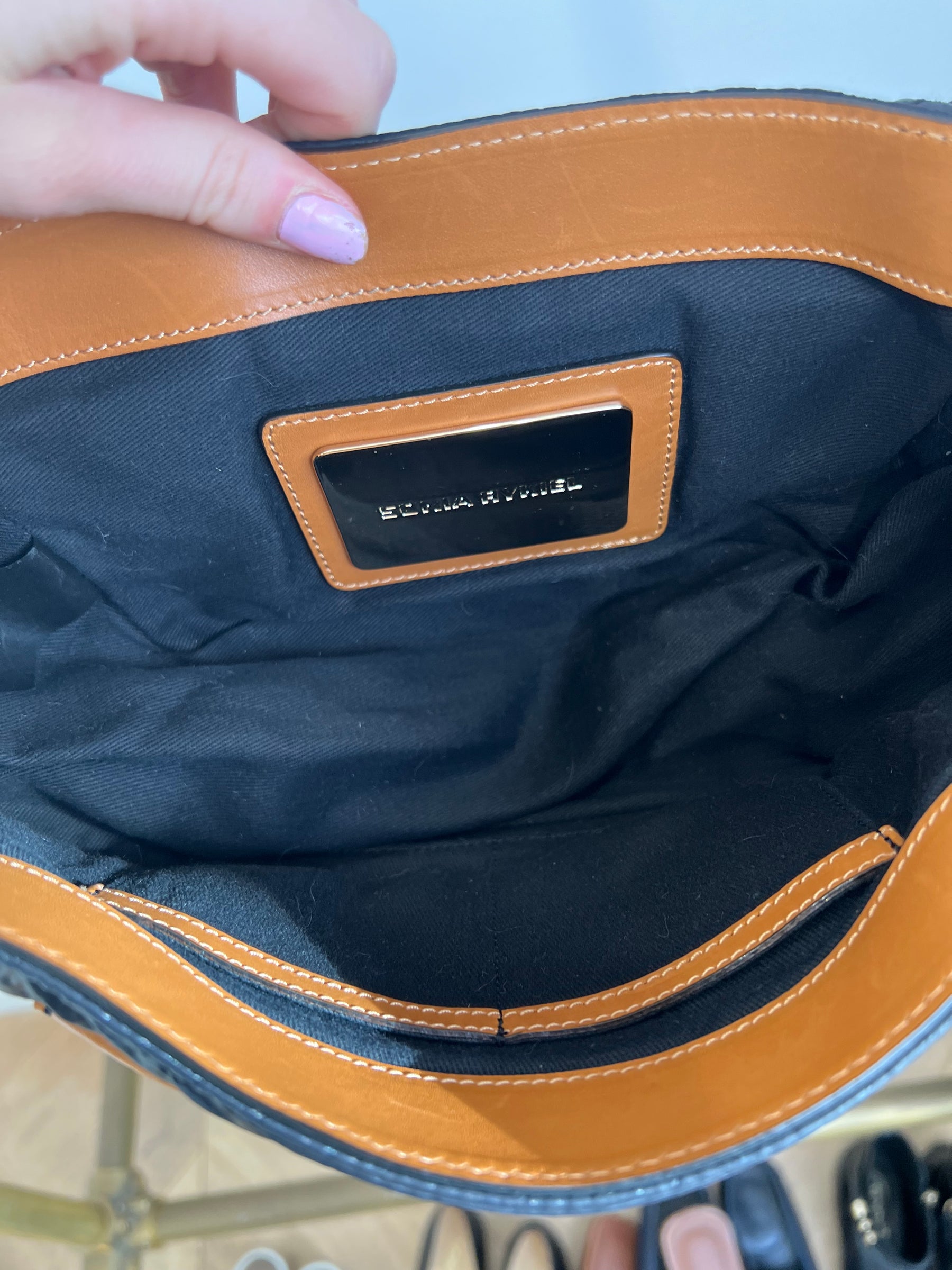 Sonia Rykiel Black Padded Tan Studded Strap Crossbody Bag