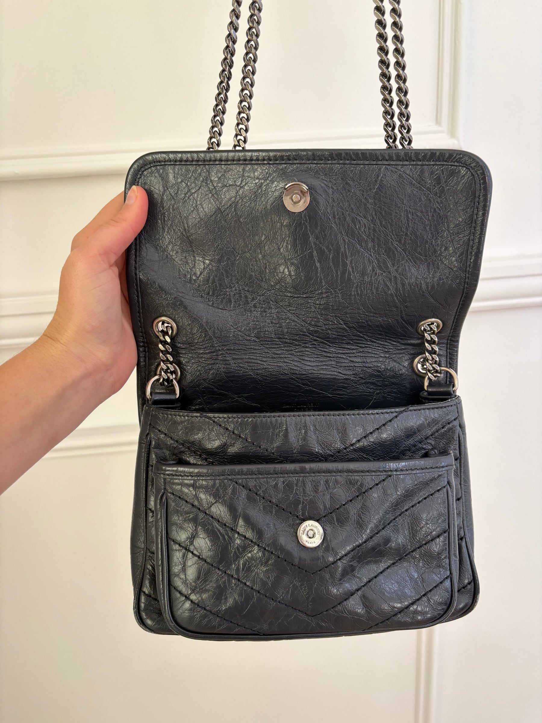 Saint Laurent Navy Crinkled Leather Baby Niki Bag