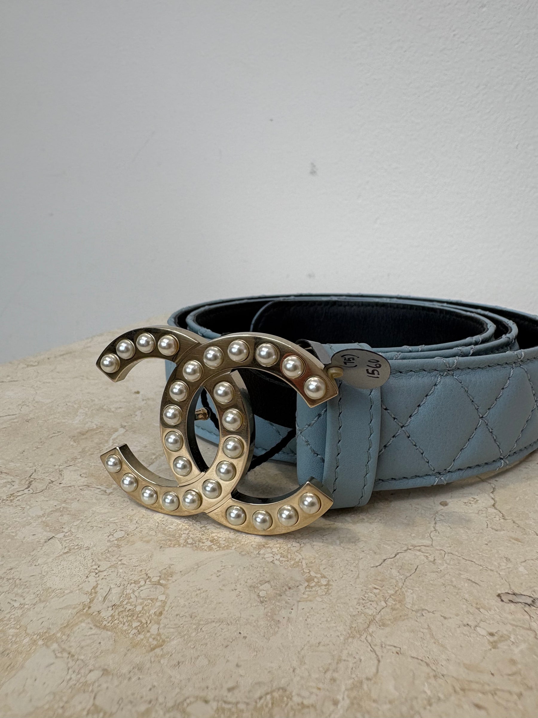 Chanel Blue Quilted Leather Pearl Logo Buckle Belt, 75