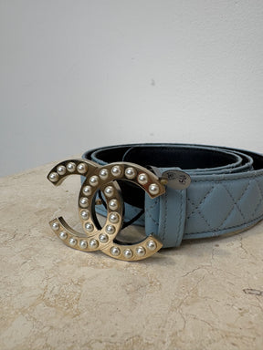 Chanel Blue Quilted Leather Pearl Logo Buckle Belt, 75