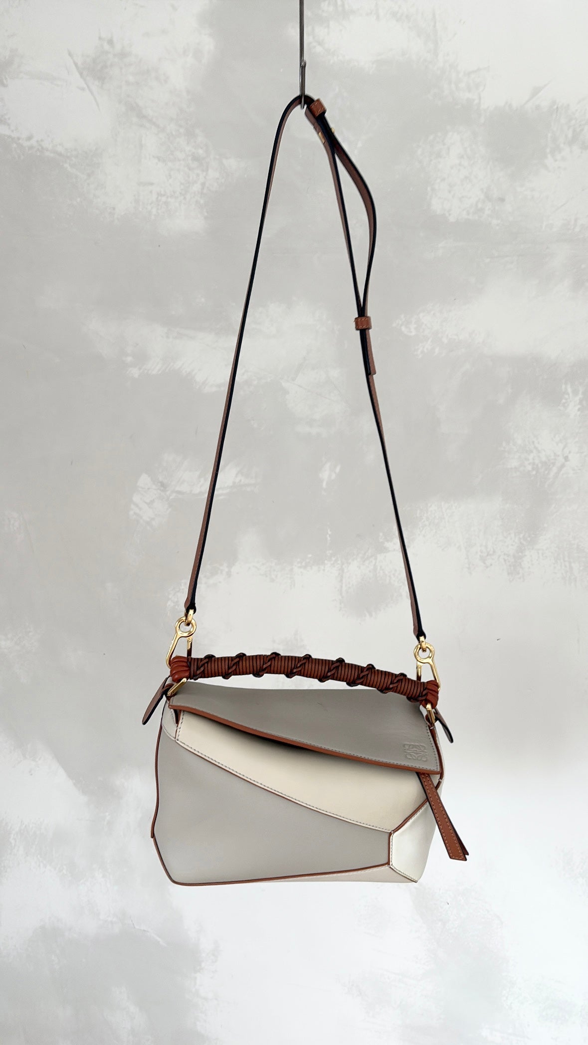 Loewe Cream, Grey and Tan Leather Puzzle Edge Medium Bag with Braided Handle