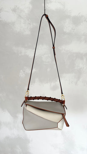 Loewe Cream, Grey and Tan Leather Puzzle Edge Medium Bag with Braided Handle