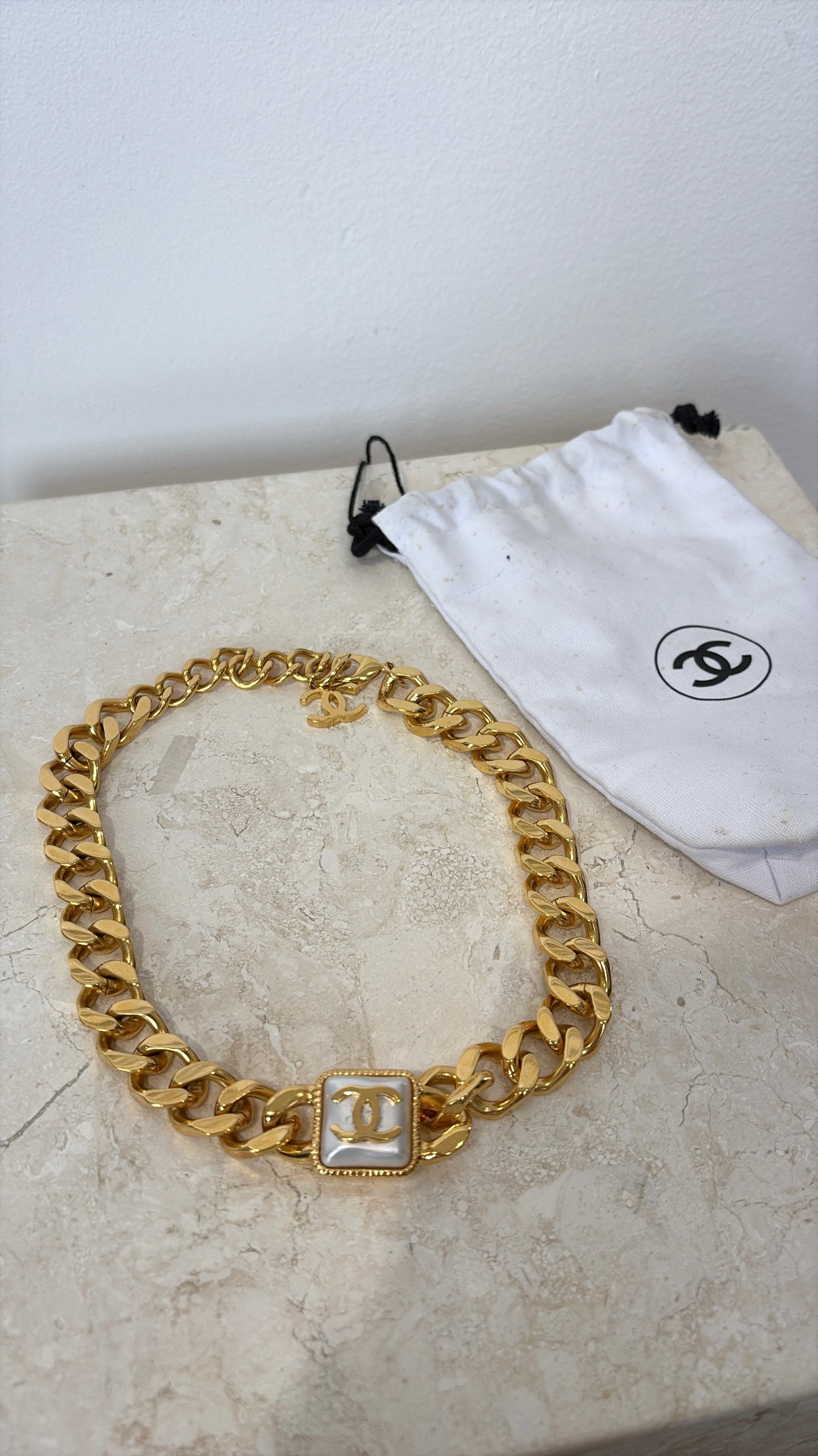 Chanel Gold Tone and Pearl Logo Chain Choker