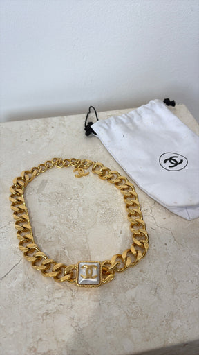 Chanel Gold Tone and Pearl Logo Chain Choker