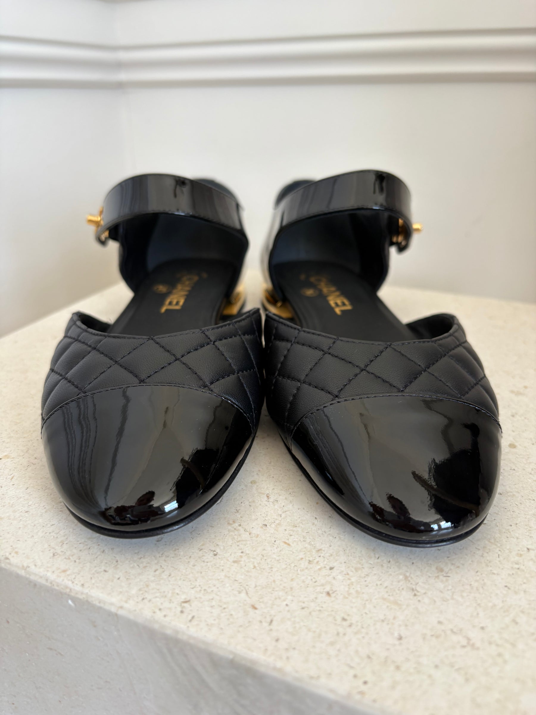 Chanel Black Quilted and Patent Leather Turn Lock Mary Janes, 38 C
