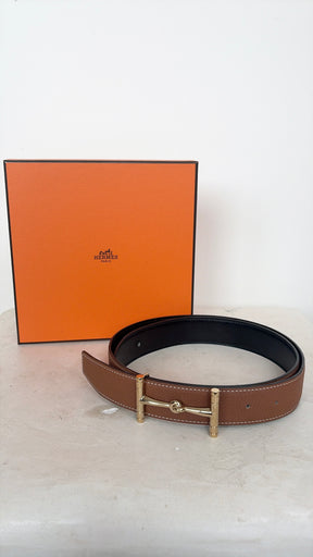 Hermès Reversible 38mm Hippique Belt In Togo Box Leather Tan Black, 92 cm