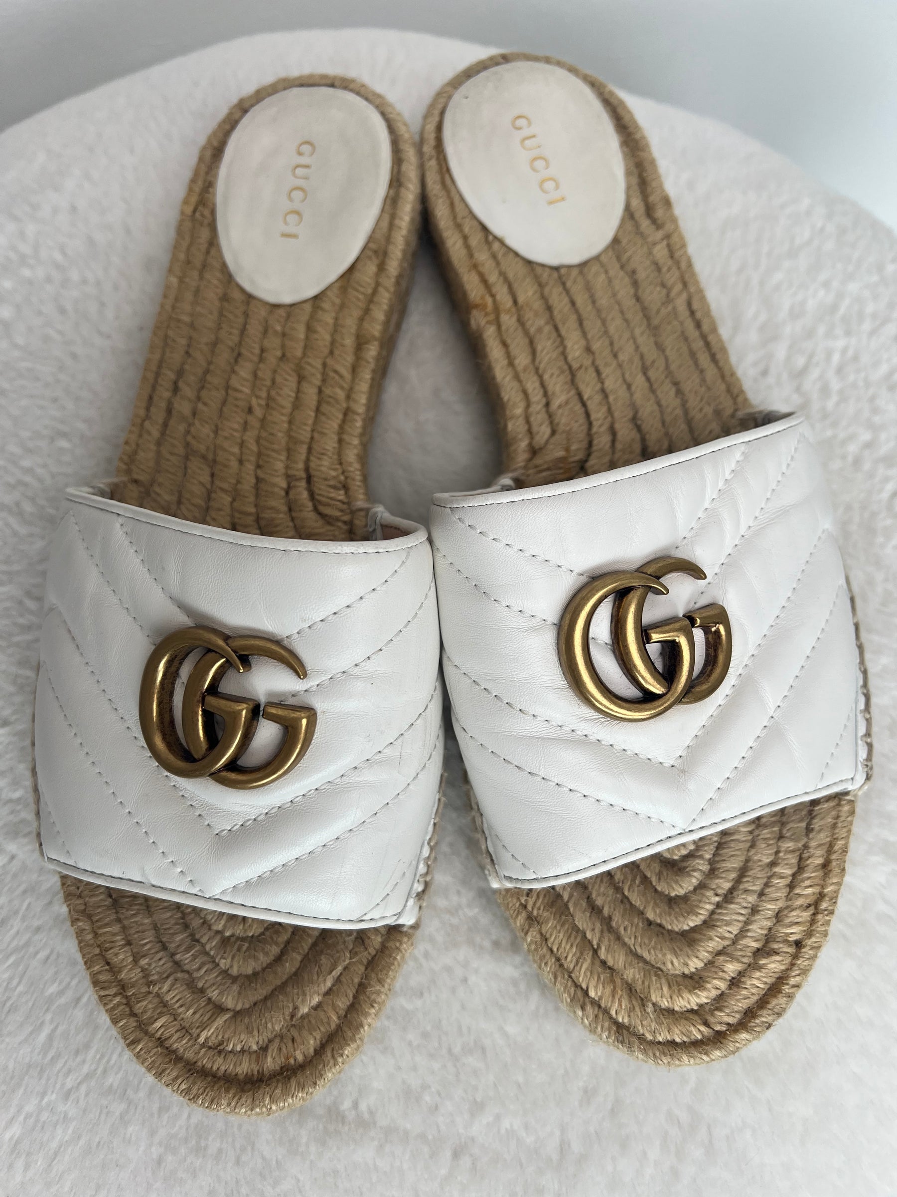 Gucci White Marmont Espadrille Slide, 40.5