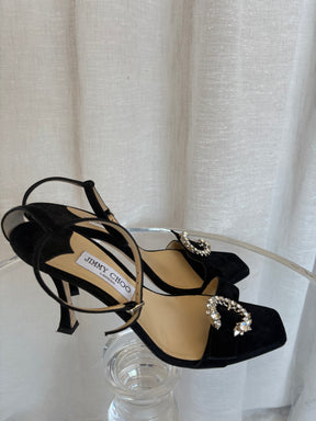 Jimmy Choo Black Suede Crystal Buckle Strappy Heel, 40