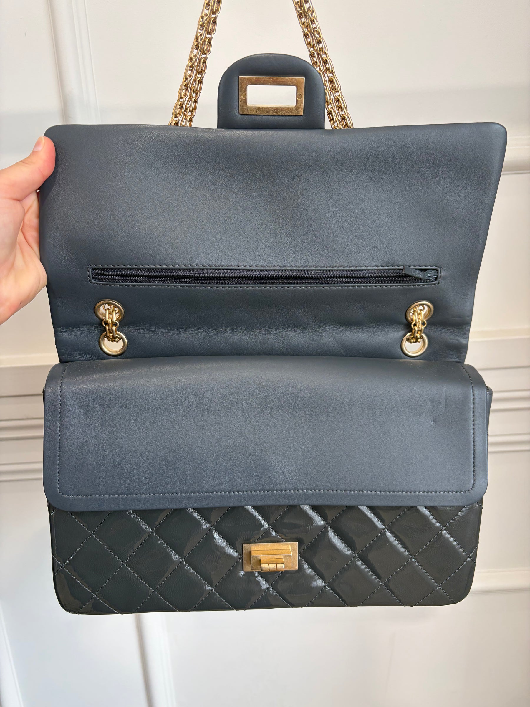 Chanel Charcoal Patent Reissue 2.55 Jumbo Flap Bag